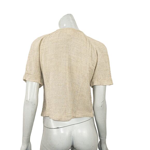 Spencer Alexis Women's Short Sleeve Crochet front Blouse in natural beige 8 - Picture 4 of 7